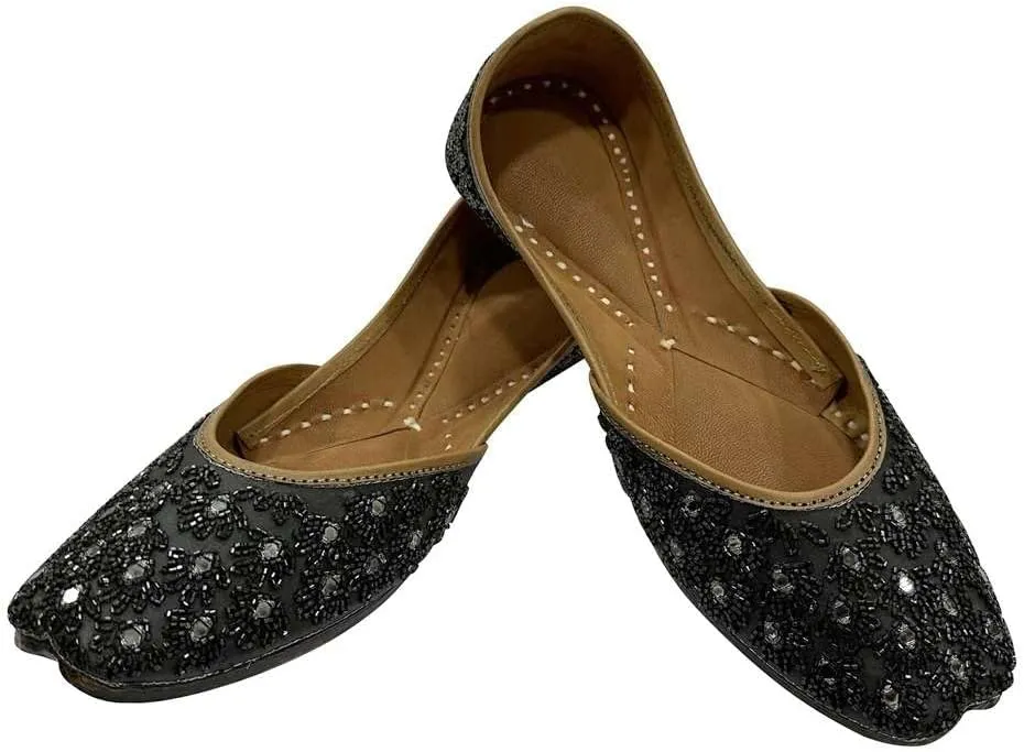 Stop n Style Flat Punjabi Juti for Women Designer Mojaris Ballerina Ethnic Handmade Black Shoes