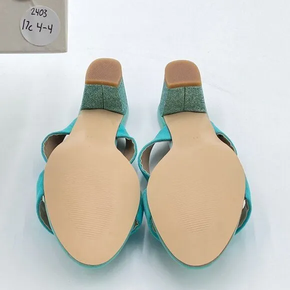 Turquoise Suede Open Toe Rhinestones Mule Sandals Chunky Heel Slide Slippers