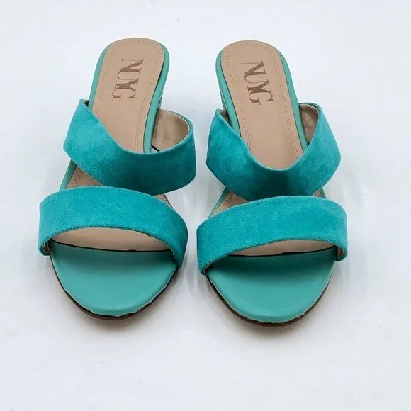 Turquoise Suede Open Toe Rhinestones Mule Sandals Chunky Heel Slide Slippers