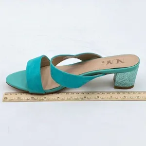 Turquoise Suede Open Toe Rhinestones Mule Sandals Chunky Heel Slide Slippers