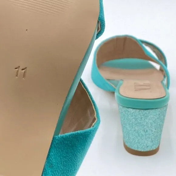 Turquoise Suede Open Toe Rhinestones Mule Sandals Chunky Heel Slide Slippers