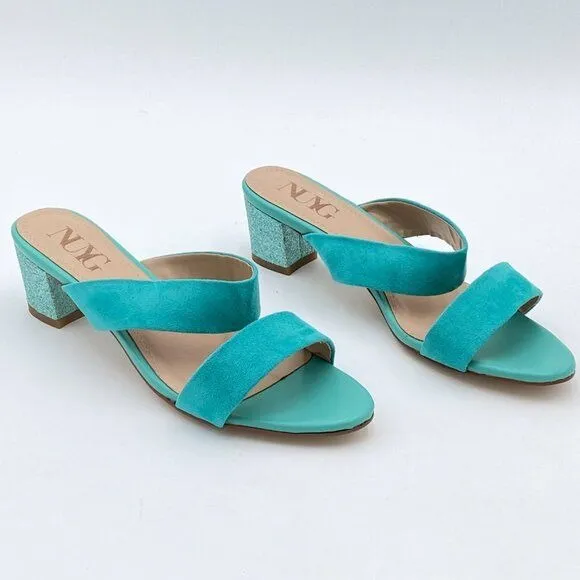 Turquoise Suede Open Toe Rhinestones Mule Sandals Chunky Heel Slide Slippers