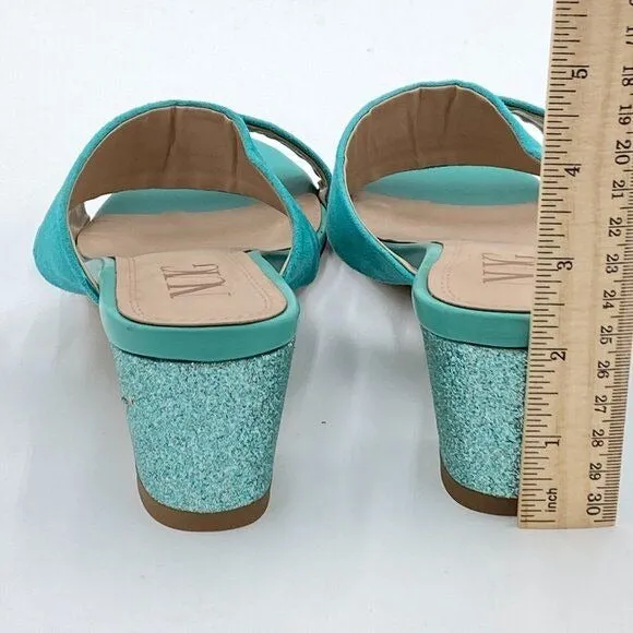 Turquoise Suede Open Toe Rhinestones Mule Sandals Chunky Heel Slide Slippers