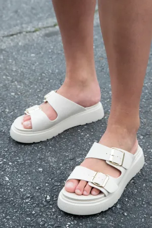 Uberta Double Buckle Sandal, Beige Nubuck