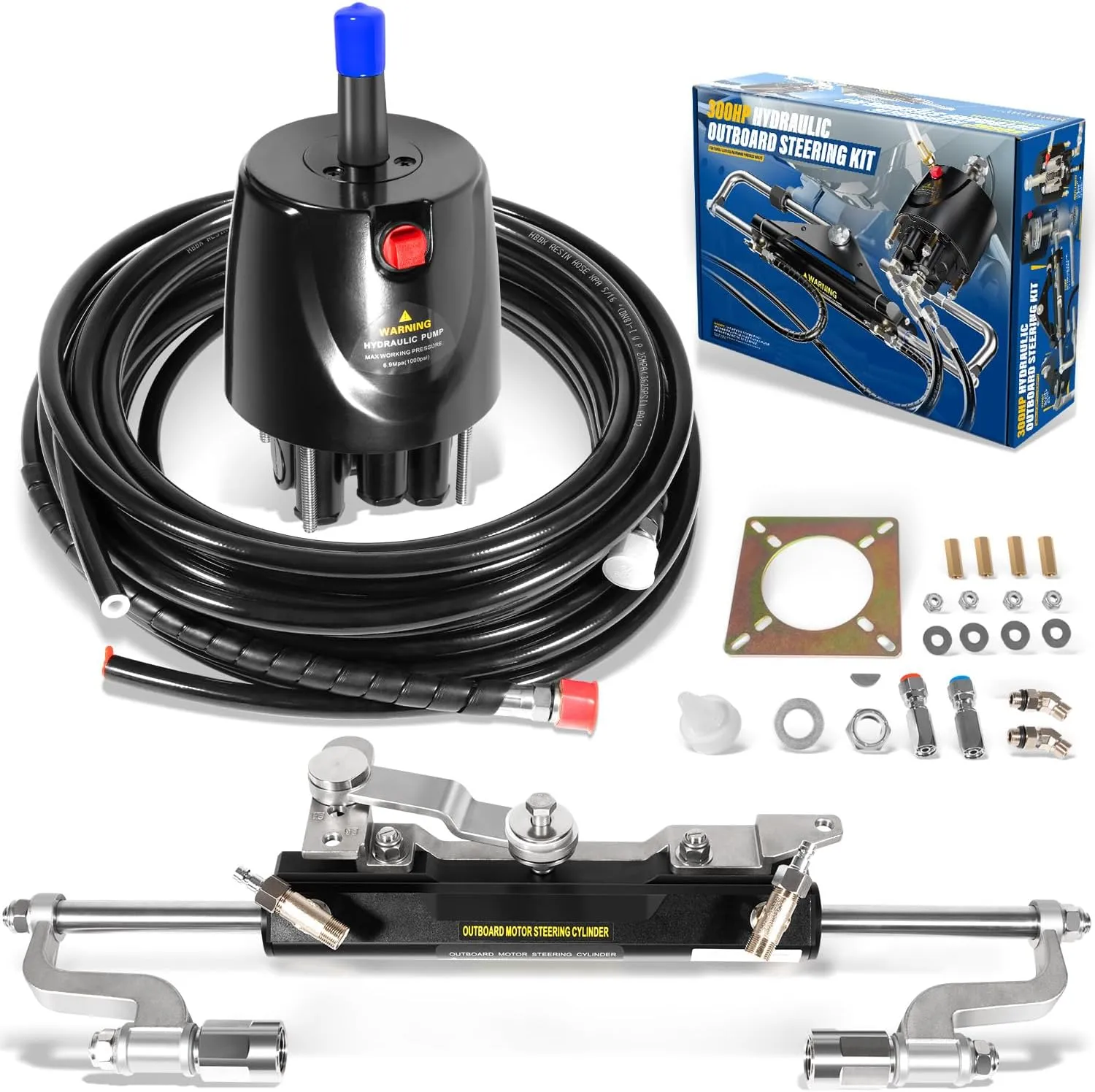 Upgrade Hydraulic Steering Kit 300HP Hydraulic Steering Compact Cylinder Hydraulic Outboard Steering Kit with Helm Pump for Boat Marine Steering System