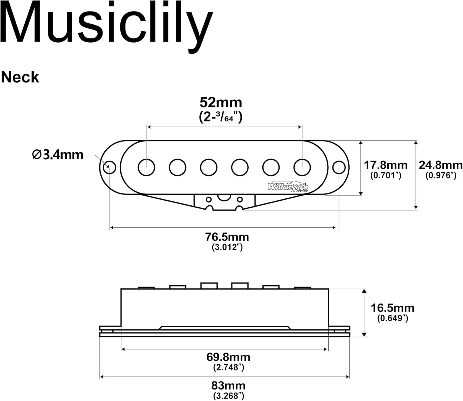 Wilkinson M Series High Output Alnico 5 Strat Single Coil Neck Pickup for Stratocaster Electric Guitar, Black