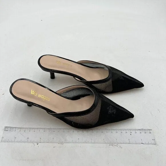 Wo Wagas Black Mesh Mule Slippers Slip On Sandals Kitten Heels Pointed Toe Shoes