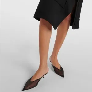 Wo Wagas Black Mesh Mule Slippers Slip On Sandals Kitten Heels Pointed Toe Shoes