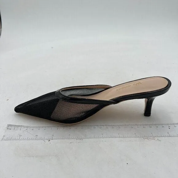 Wo Wagas Black Mesh Mule Slippers Slip On Sandals Kitten Heels Pointed Toe Shoes