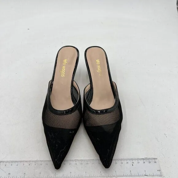 Wo Wagas Black Mesh Mule Slippers Slip On Sandals Kitten Heels Pointed Toe Shoes