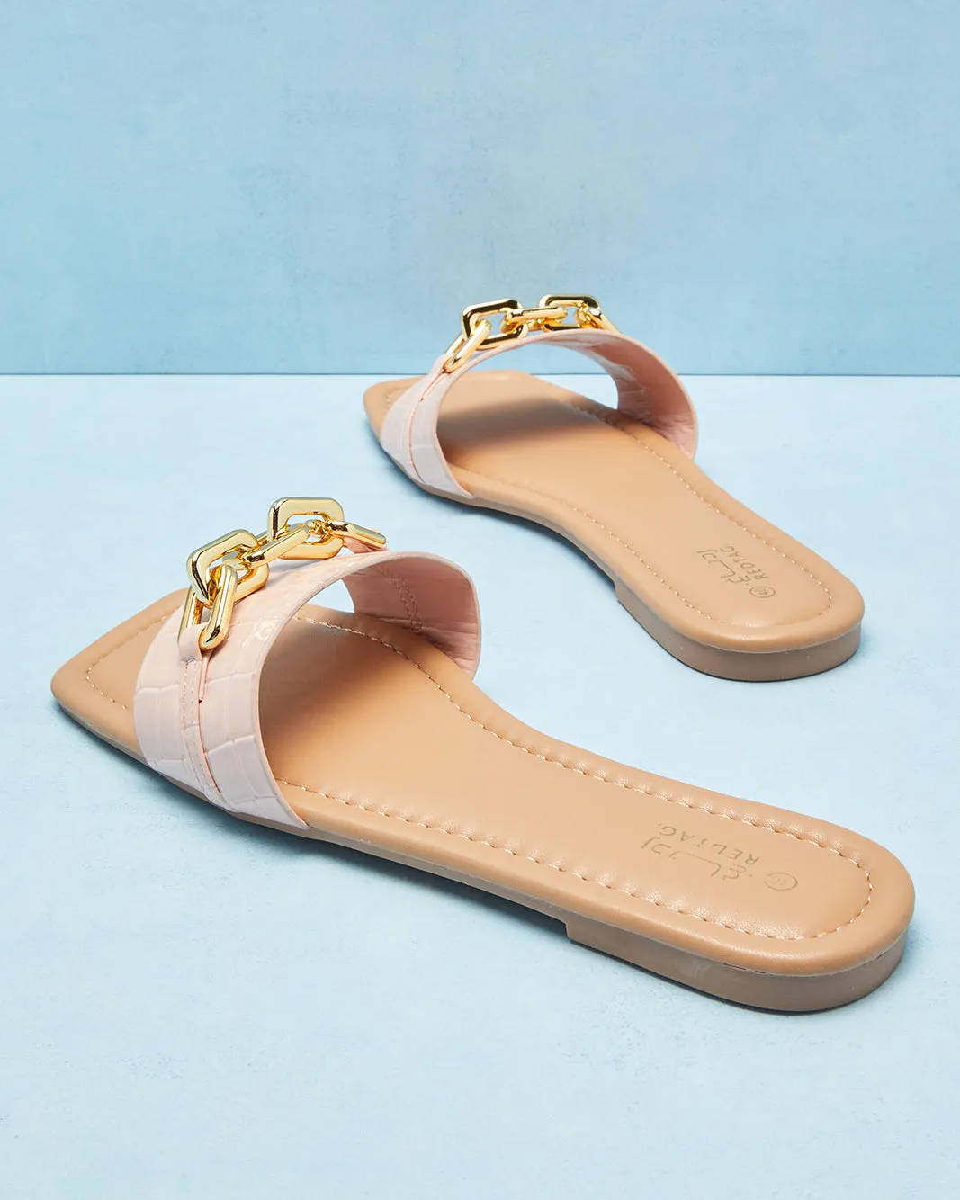 Women Pink Croc With Chain Trim Mule