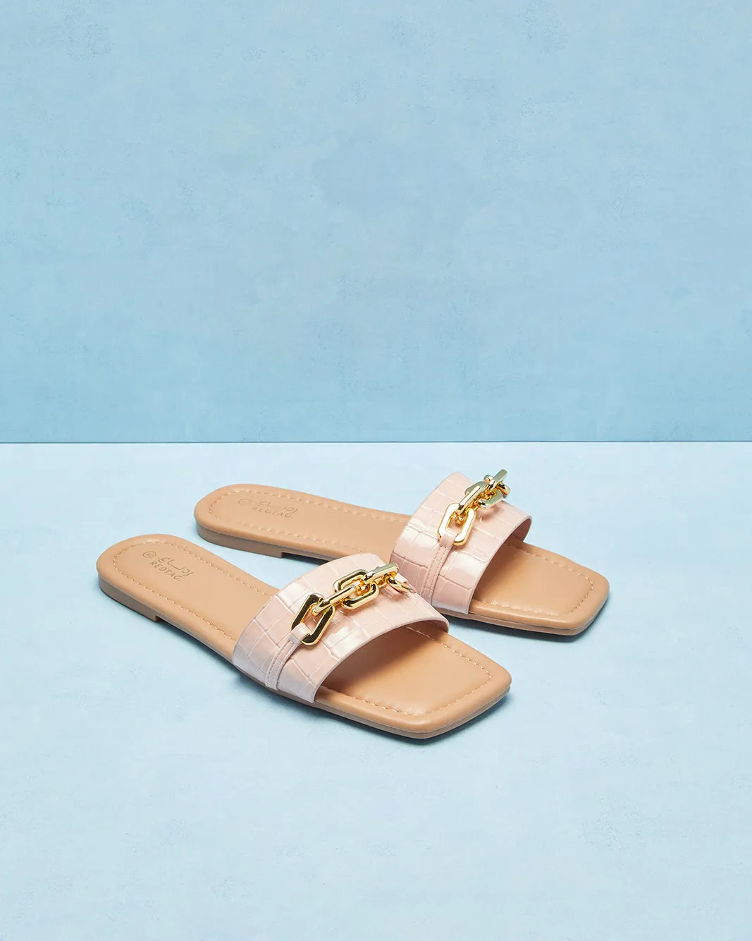 Women Pink Croc With Chain Trim Mule