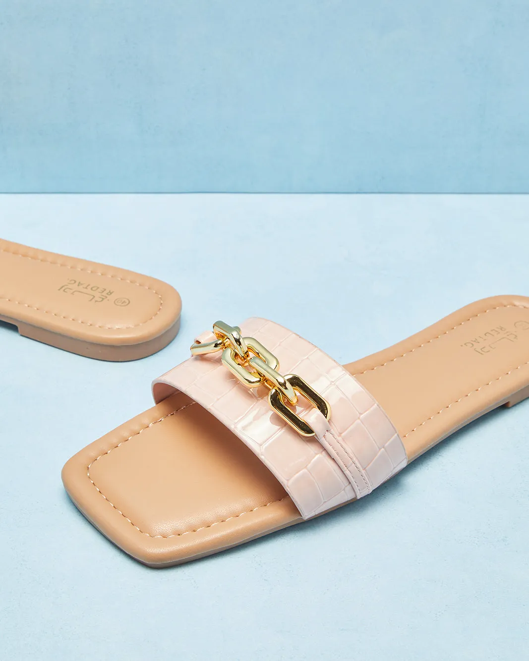 Women Pink Croc With Chain Trim Mule