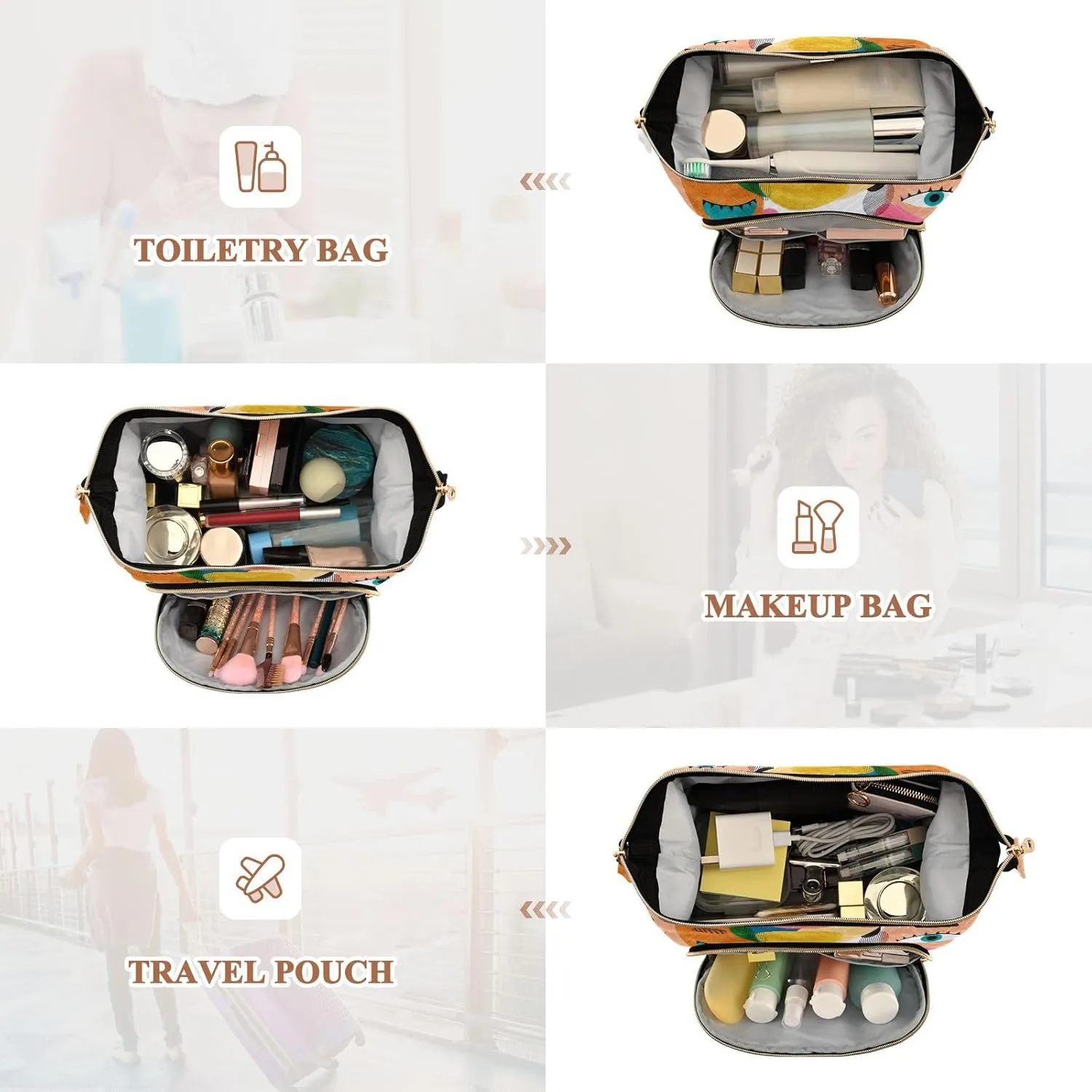 Women Wave Quilt Cosmetic Bag, Storage Pouch Handbag Makeup Case Zipper Toiletry Purse Holder Organizer 10.2x5.9x6.7 in Colorful Human Male Female Portrait Texture Modern Abstract Style