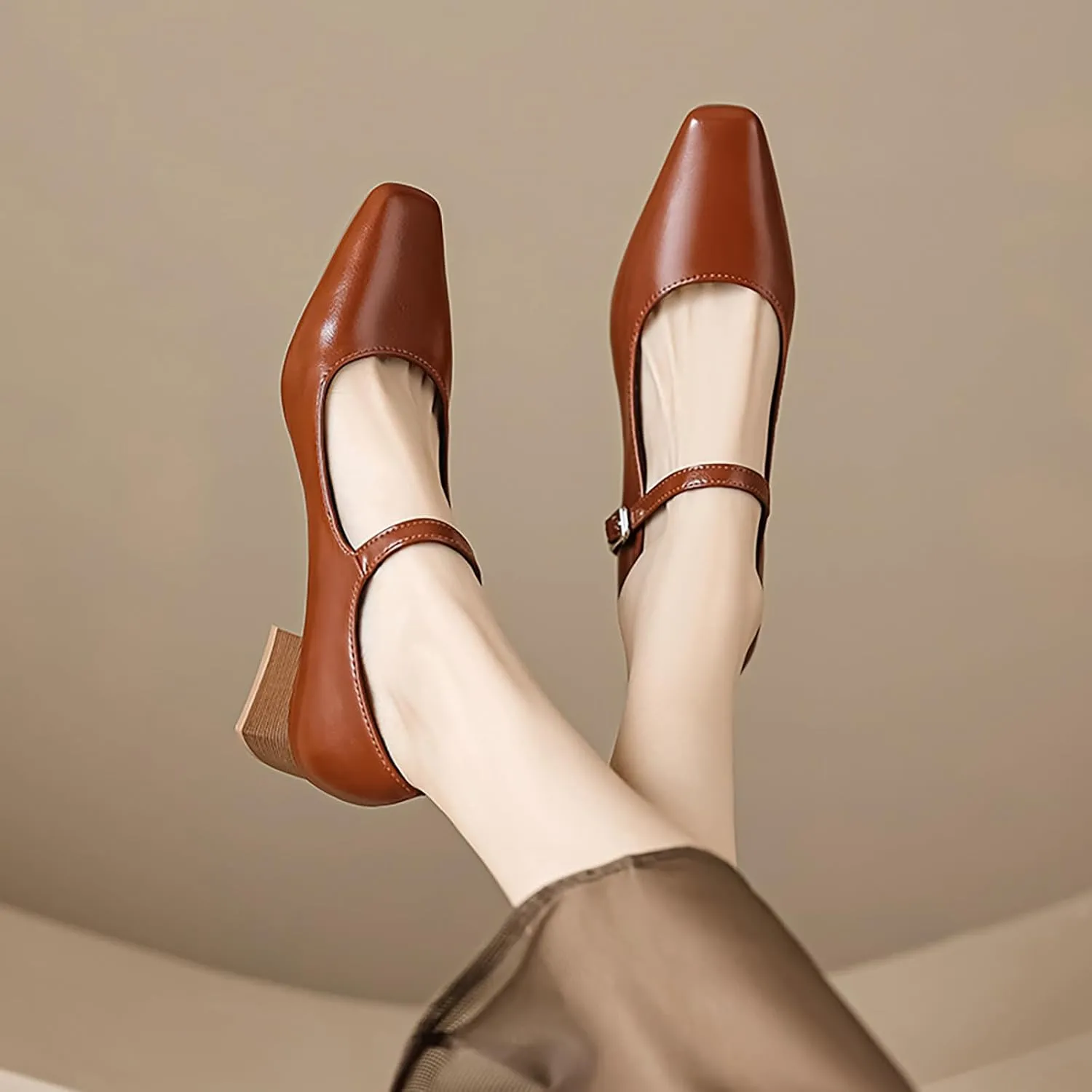 Women's Block Heel Mary Jane Pumps,Classic Square Toe Stacked Heels Slip-on Dress Shoes Retro Adjustable Buckle Comfortable Low Chunky Office Work Pump
