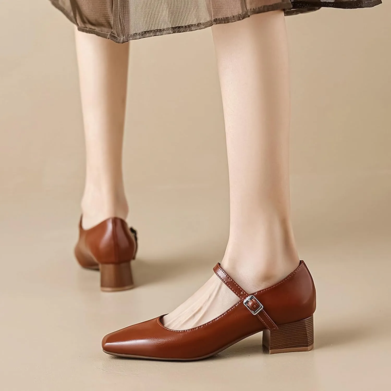 Women's Block Heel Mary Jane Pumps,Classic Square Toe Stacked Heels Slip-on Dress Shoes Retro Adjustable Buckle Comfortable Low Chunky Office Work Pump