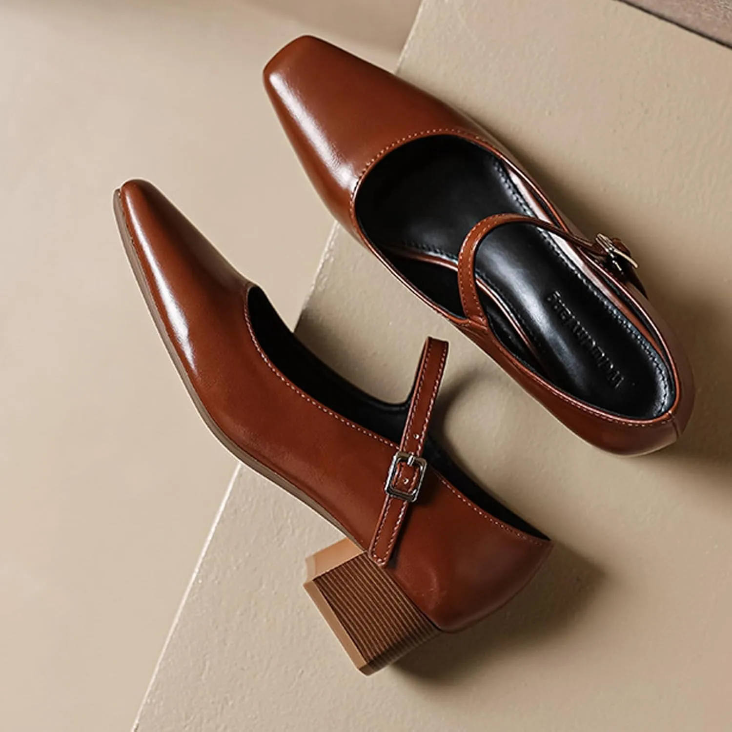 Women's Block Heel Mary Jane Pumps,Classic Square Toe Stacked Heels Slip-on Dress Shoes Retro Adjustable Buckle Comfortable Low Chunky Office Work Pump