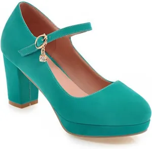Women's Chunky High Block Heel Pumps Suede Round Toe Mary Jane Platform Casual Office Dress Shoes