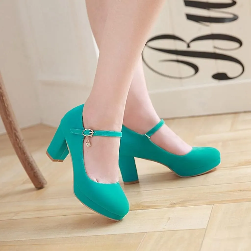 Women's Chunky High Block Heel Pumps Suede Round Toe Mary Jane Platform Casual Office Dress Shoes