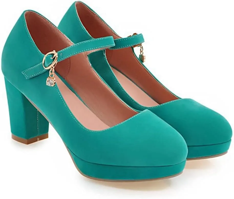 Women's Chunky High Block Heel Pumps Suede Round Toe Mary Jane Platform Casual Office Dress Shoes