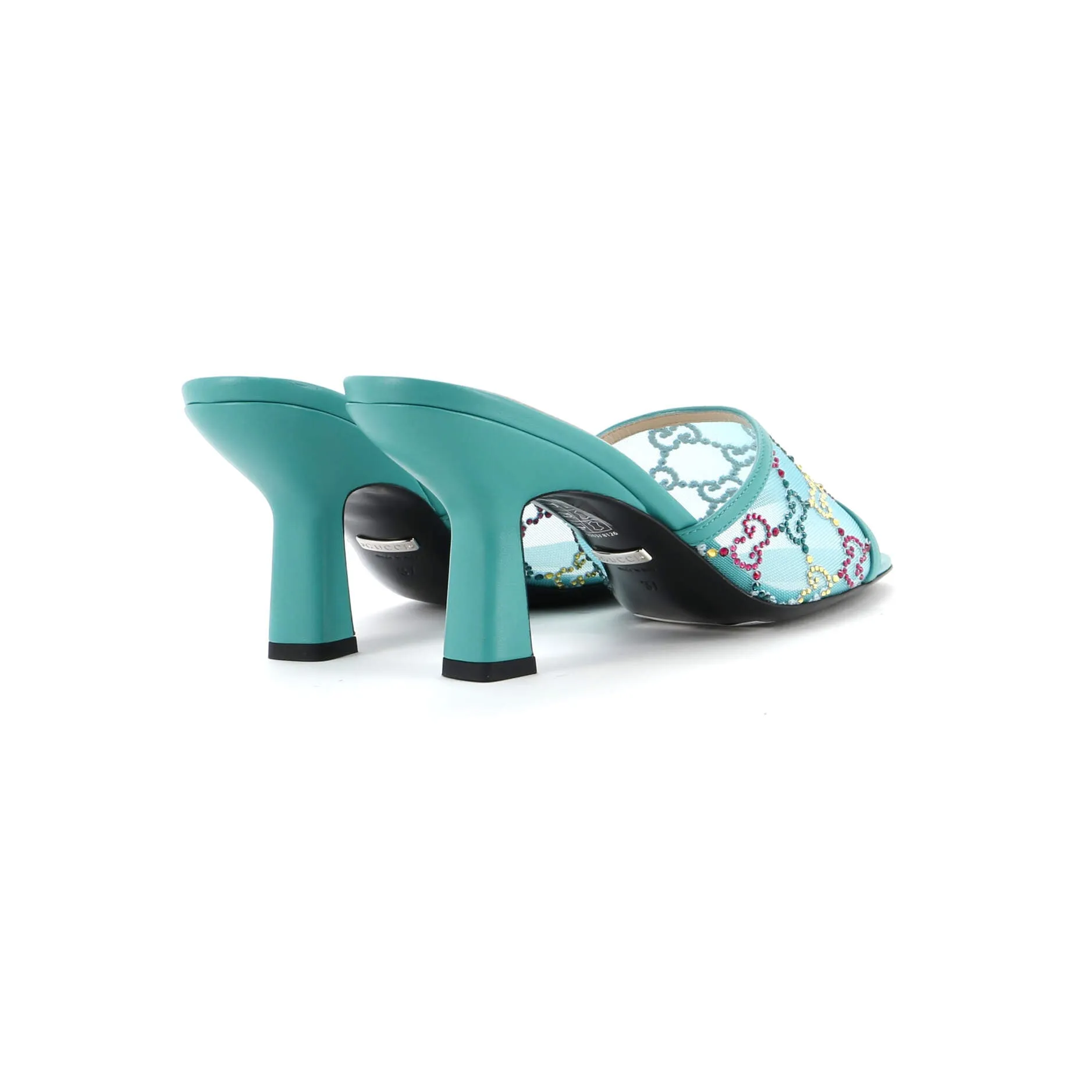 Women's Heeled Mule Sandals Crystal GG Embellished Mesh