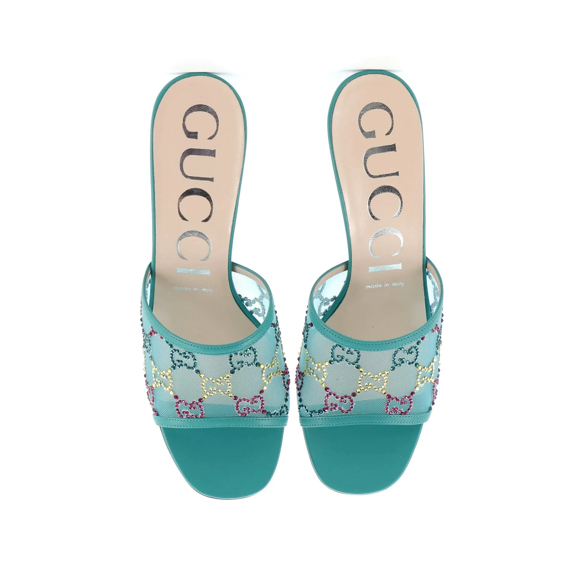 Women's Heeled Mule Sandals Crystal GG Embellished Mesh