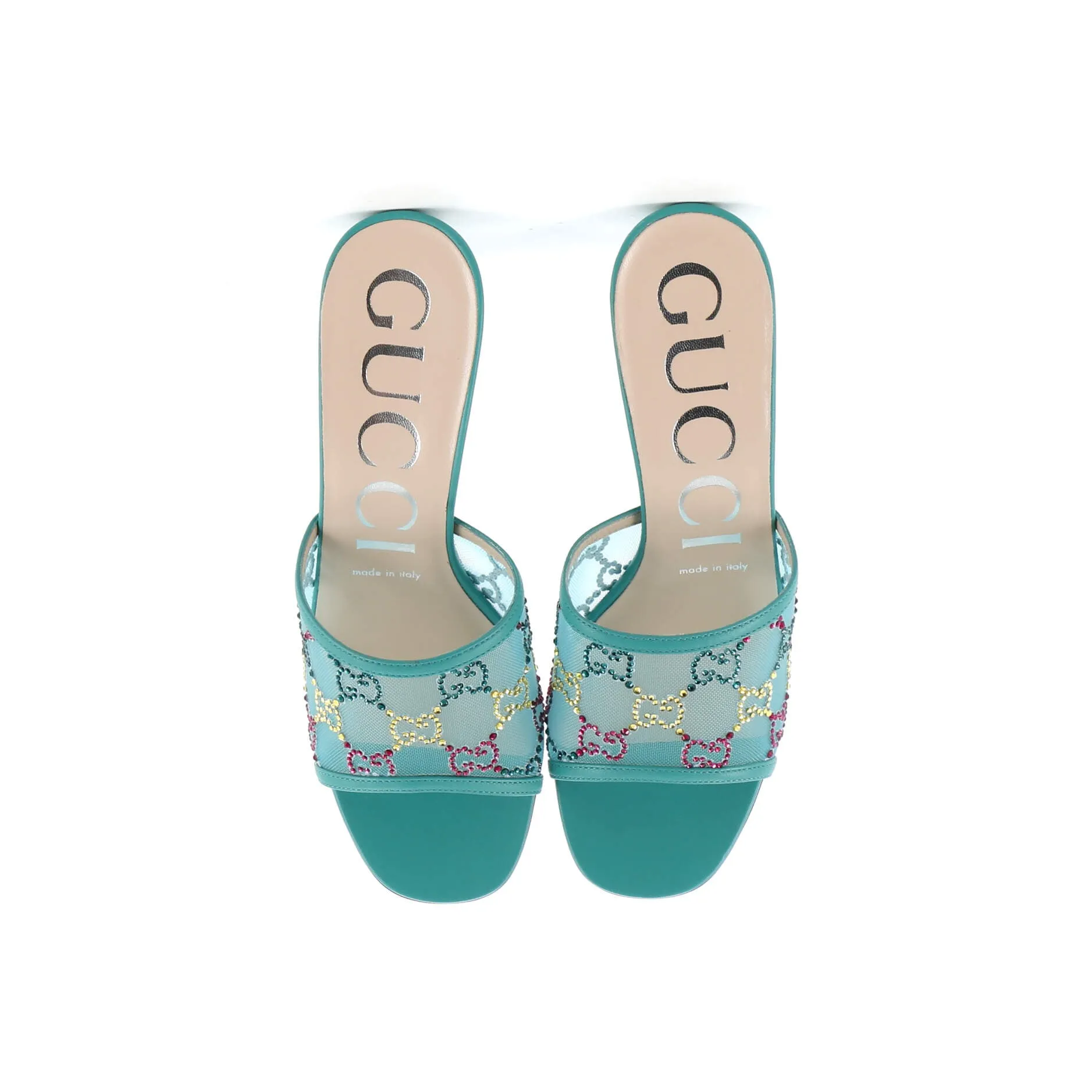 Women's Heeled Mule Sandals Crystal GG Embellished Mesh