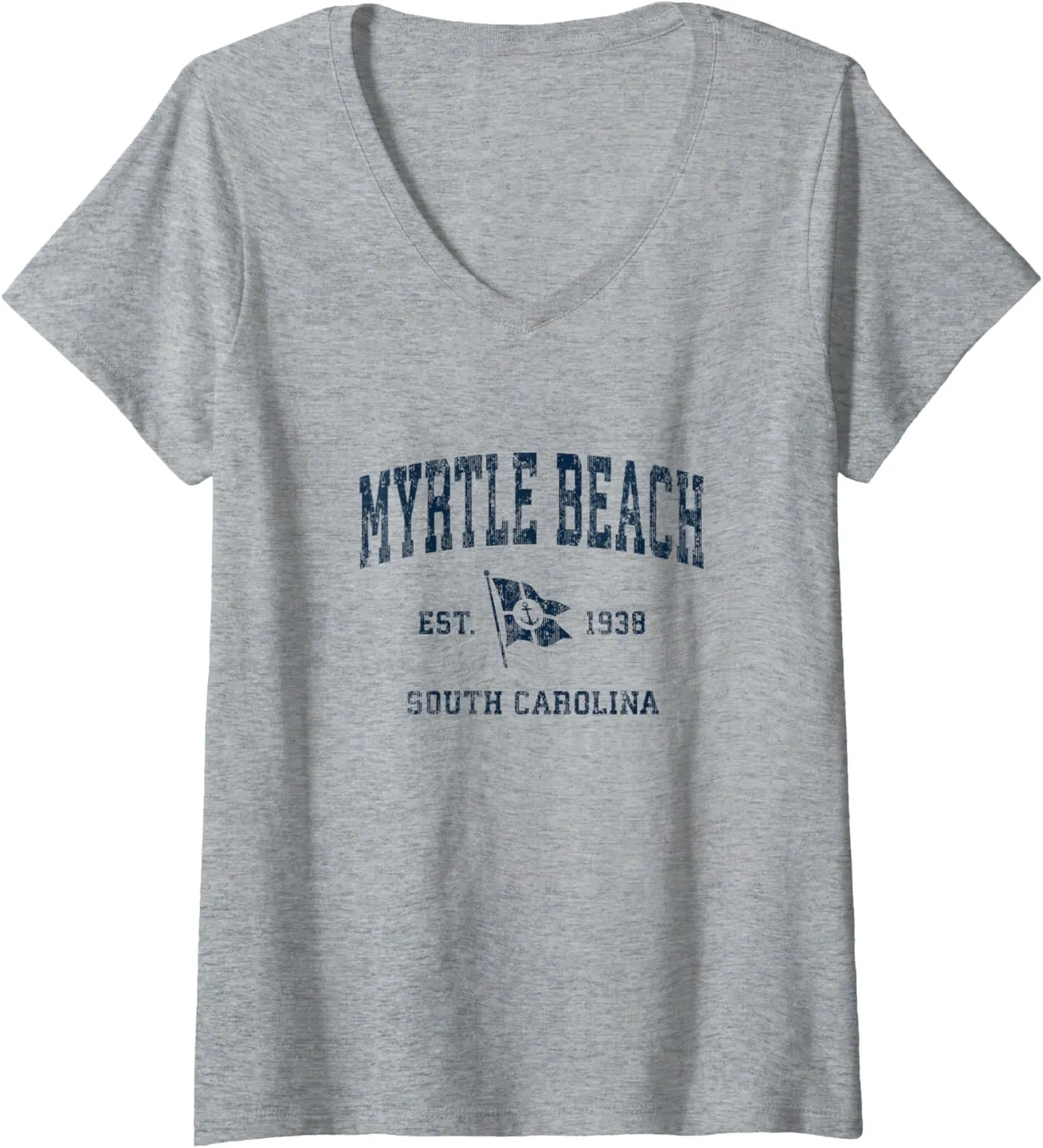 Womens Myrtle Beach SC Vintage Sports Navy Boat Anchor Flag V-Neck T-Shirt