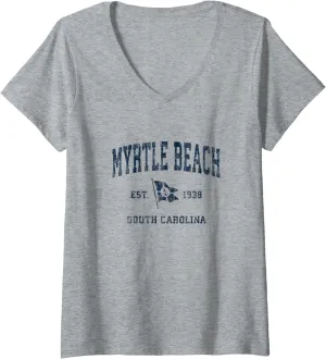 Womens Myrtle Beach SC Vintage Sports Navy Boat Anchor Flag V-Neck T-Shirt