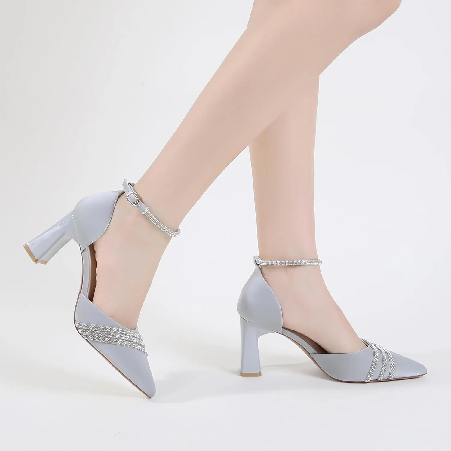 Women's Pointed Toe Block Heel, Ankle Strap Dress Pump with Crystal Band Detail