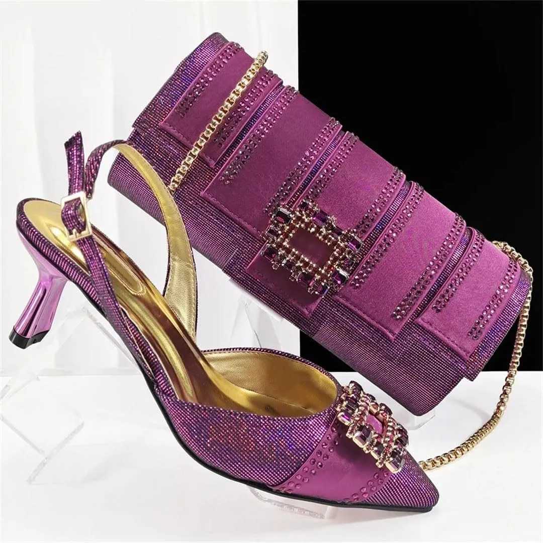 Women's Stylish Pointed Toe Pump and Handbag Set with Buckle Strap for Party and Evening Events