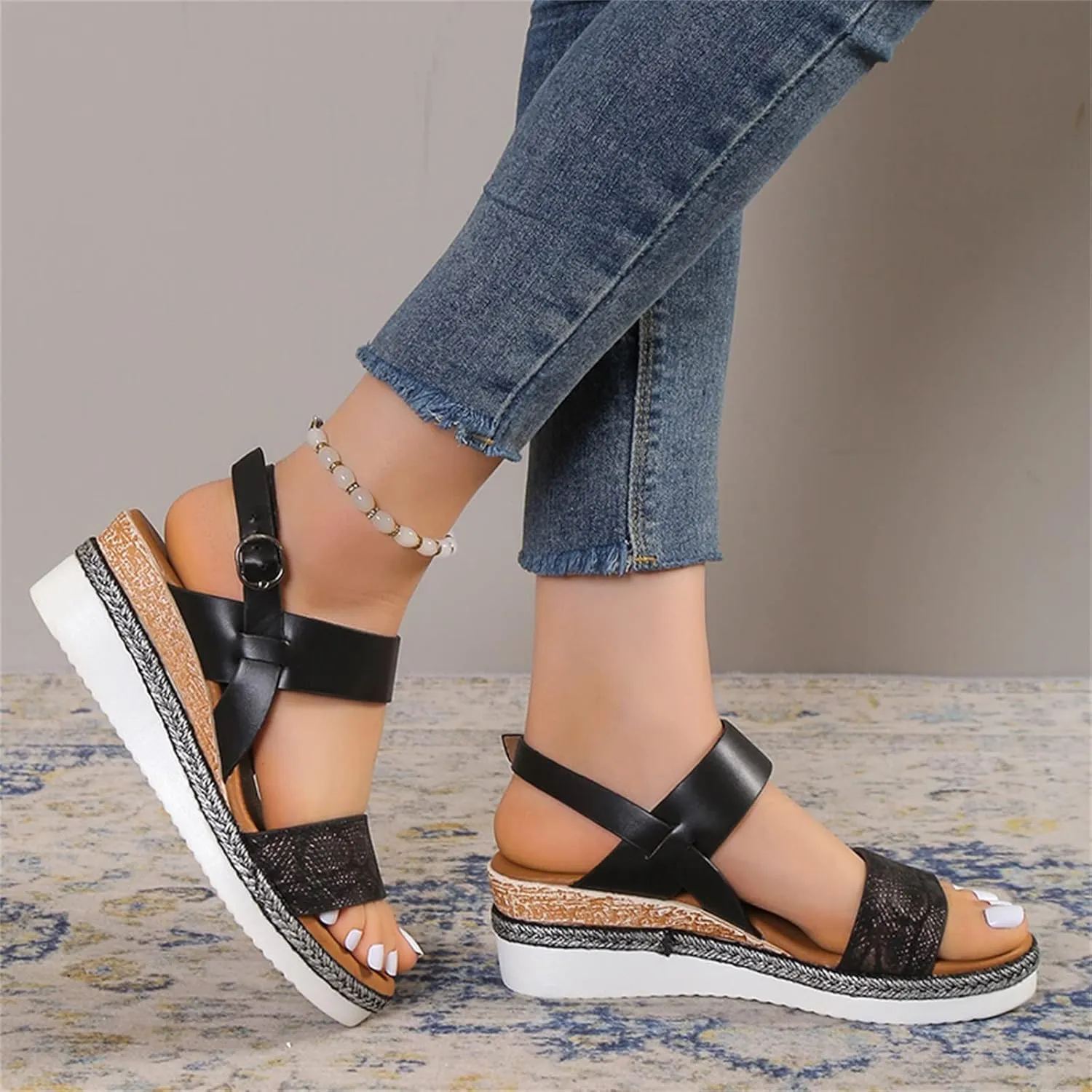 Women's Summer Orthopedic Wedge Sandals, Black, Size Not Specified, Open Toe, Ankle Strap, Espadrilles, Arch Support, Platform, Beach, Casual, Slip On