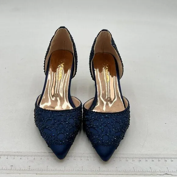 XYD Navy Pointed Toe D'Orsay Crystal Chunky Low Heel Rhinestone Studs Pump