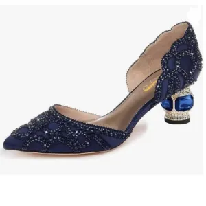 XYD Navy Pointed Toe D'Orsay Crystal Chunky Low Heel Rhinestone Studs Pump