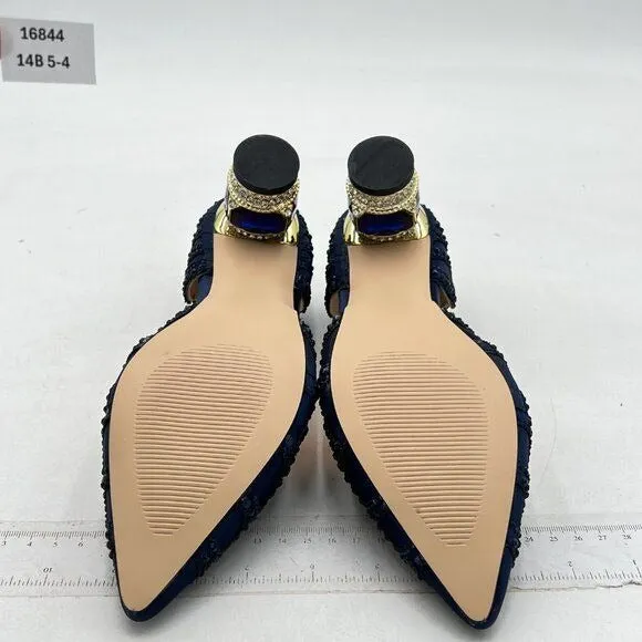 XYD Navy Pointed Toe D'Orsay Crystal Chunky Low Heel Rhinestone Studs Pump