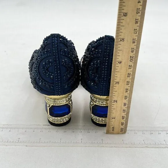 XYD Navy Pointed Toe D'Orsay Crystal Chunky Low Heel Rhinestone Studs Pump