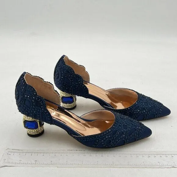 XYD Navy Pointed Toe D'Orsay Crystal Chunky Low Heel Rhinestone Studs Pump