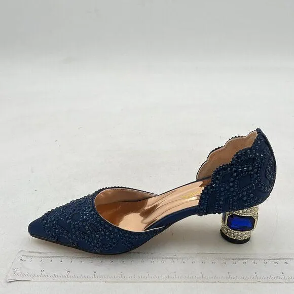XYD Navy Pointed Toe D'Orsay Crystal Chunky Low Heel Rhinestone Studs Pump
