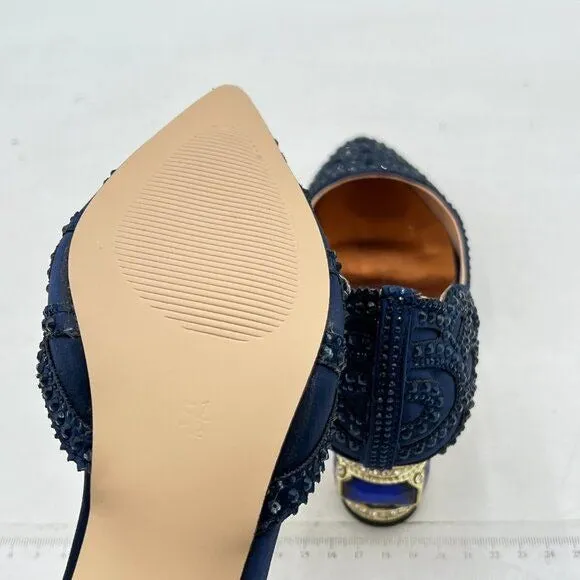 XYD Navy Pointed Toe D'Orsay Crystal Chunky Low Heel Rhinestone Studs Pump