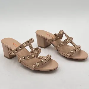 XYD Nude Rivets T-Strap Mule Sandals Open Toe Chunky Heel Slide Slippers Shoes