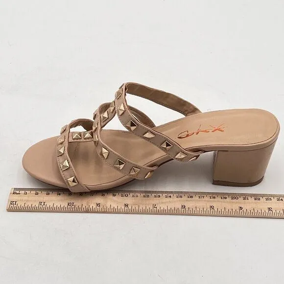 XYD Nude Rivets T-Strap Mule Sandals Open Toe Chunky Heel Slide Slippers Shoes