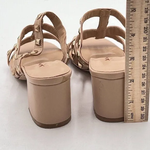 XYD Nude Rivets T-Strap Mule Sandals Open Toe Chunky Heel Slide Slippers Shoes