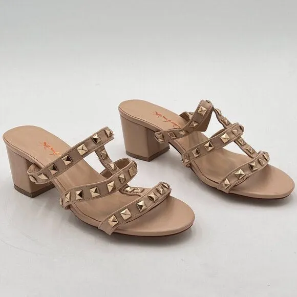 XYD Nude Rivets T-Strap Mule Sandals Open Toe Chunky Heel Slide Slippers Shoes