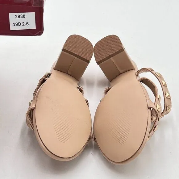 XYD Nude Rivets T-Strap Mule Sandals Open Toe Chunky Heel Slide Slippers Shoes