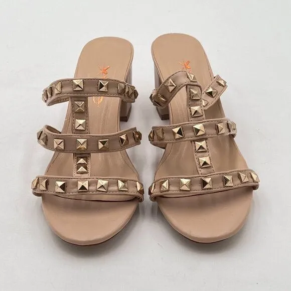 XYD Nude Rivets T-Strap Mule Sandals Open Toe Chunky Heel Slide Slippers Shoes