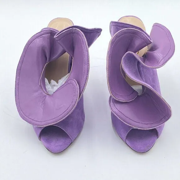 XYD Purple Ruffles Peep Toe High Chunky Block Heel Mule Sandals Slip On Shoes