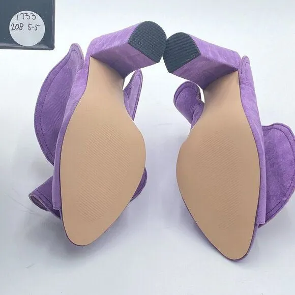 XYD Purple Ruffles Peep Toe High Chunky Block Heel Mule Sandals Slip On Shoes