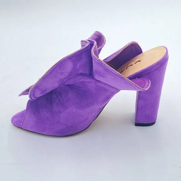 XYD Purple Ruffles Peep Toe High Chunky Block Heel Mule Sandals Slip On Shoes