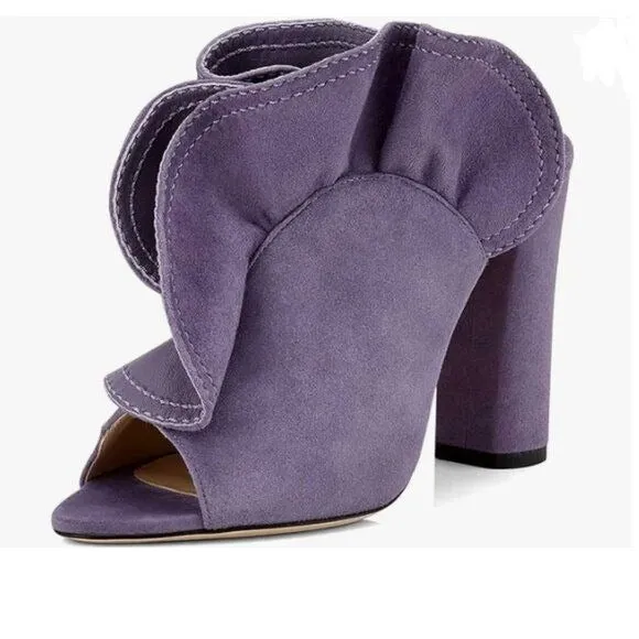 XYD Purple Ruffles Peep Toe High Chunky Block Heel Mule Sandals Slip On Shoes