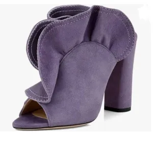 XYD Purple Ruffles Peep Toe High Chunky Block Heel Mule Sandals Slip On Shoes
